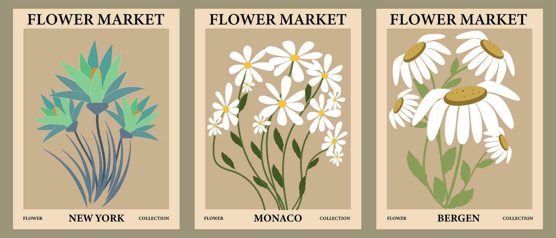 Set of daisy flower market posters.Abstract floral illustration. Template for cards, wall art, banner, background. Vector illustration.