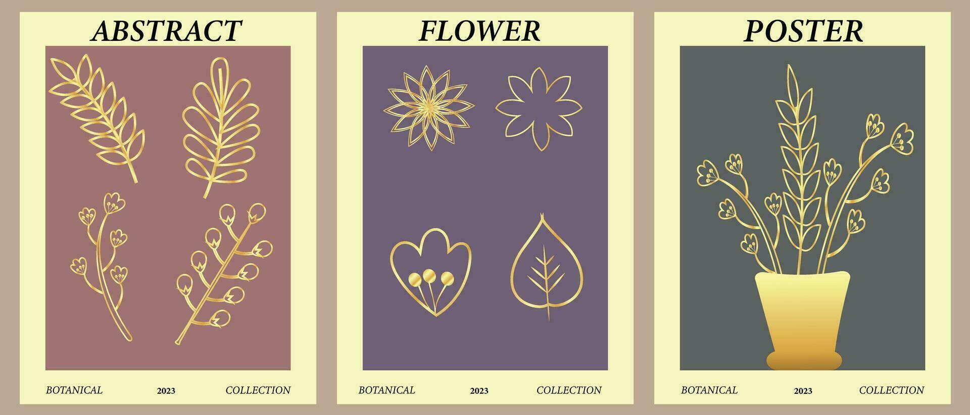 Set of abstract posters with golden floral elements. Suitable for creating illustrations, banner, brochure, wall decoration. vector