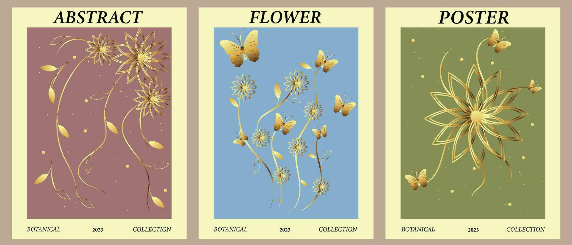 Set of flower market posters in golden style.Golden flowers and butterflies for your designs.Abstract floral illustration. Template for cards, wall art, banner, background. Vector illustration.