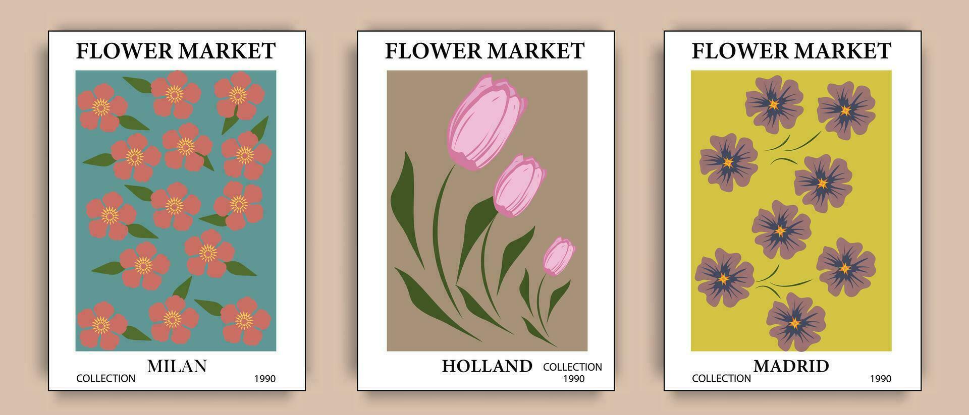 Flower market poster with tulips and buttercups. Abstract floral illustration. Poster for cards, wall art, banner, background, print. Vector illustration.