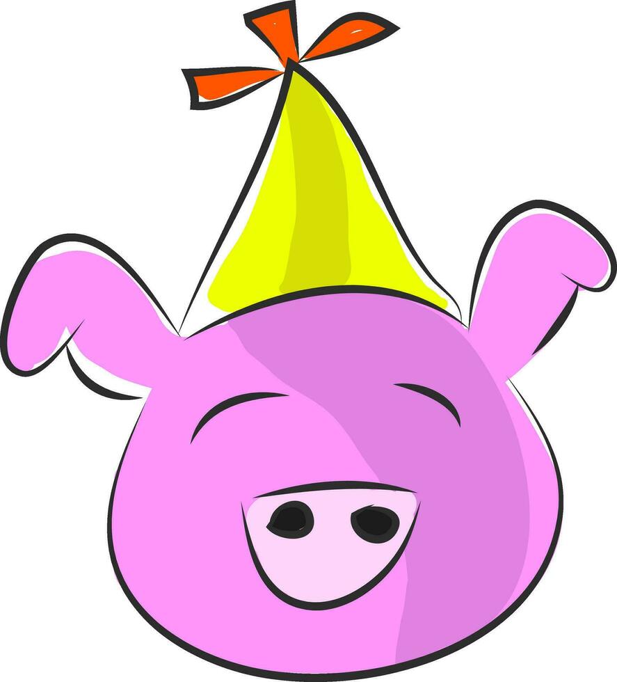 Pink pig with yellow party hat  vector illustration on white background