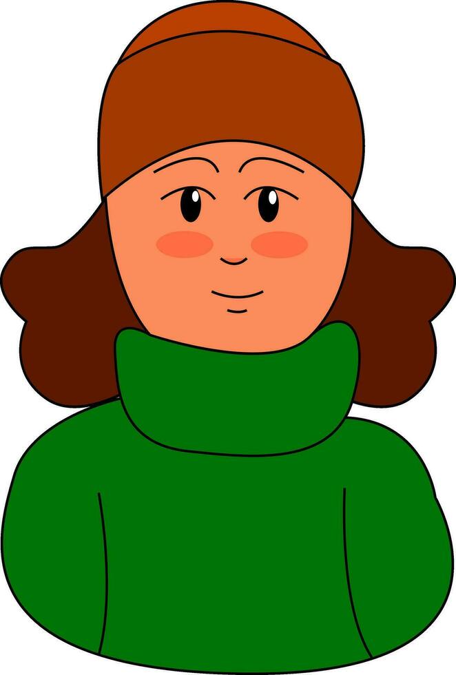 sonriente marrón peludo niña en verde suéter vector ilustración en blanco antecedentes