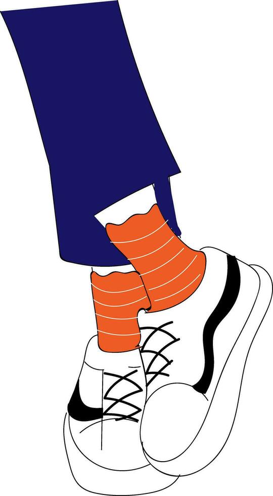 Legs in blue jeanse  orange socks and white sneakers   vector illustration on white background