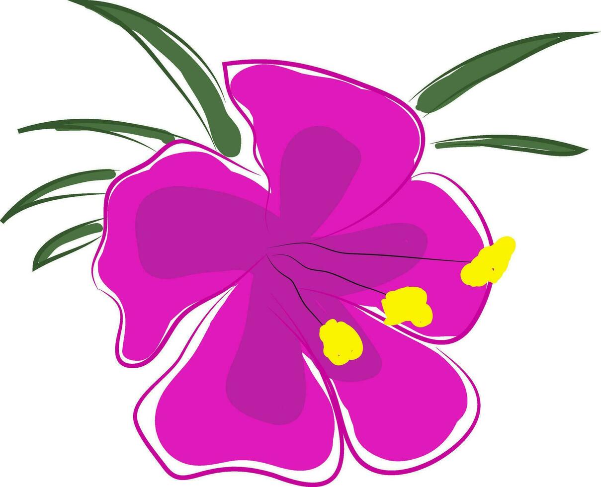 Pink orchid flower with yellow pestle and green leaves  vector illustration on white background