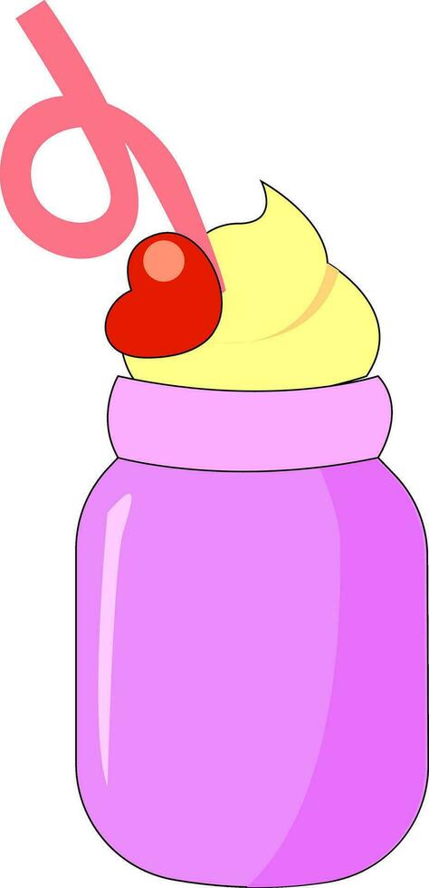 Vector illustration of a dessert in purple jar with a pink straw and red cherry  white background