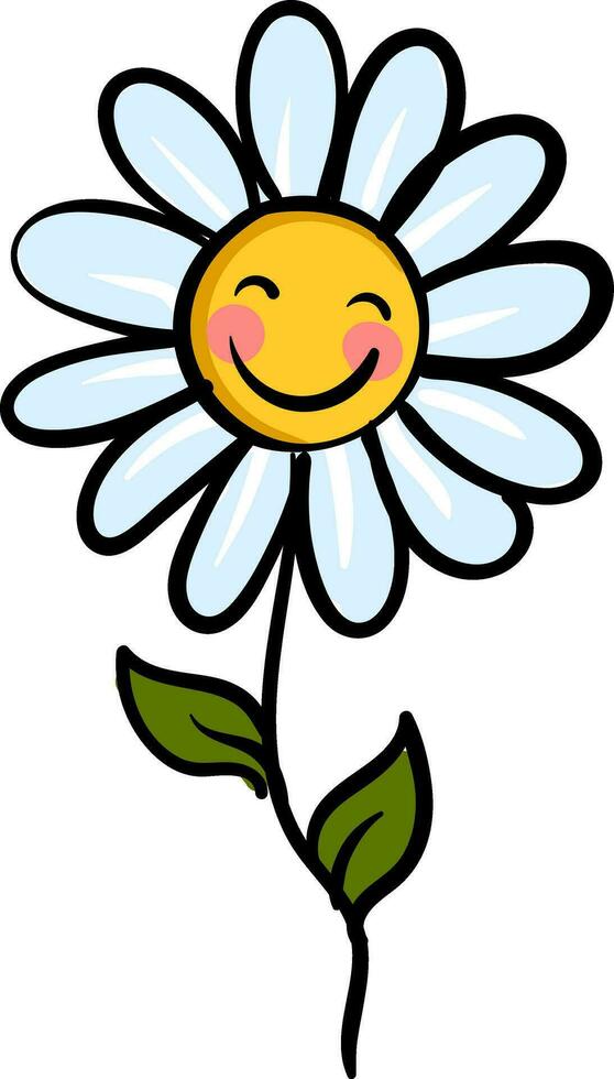 Smiling chamomile flower with green leaves  vector illustration on white background
