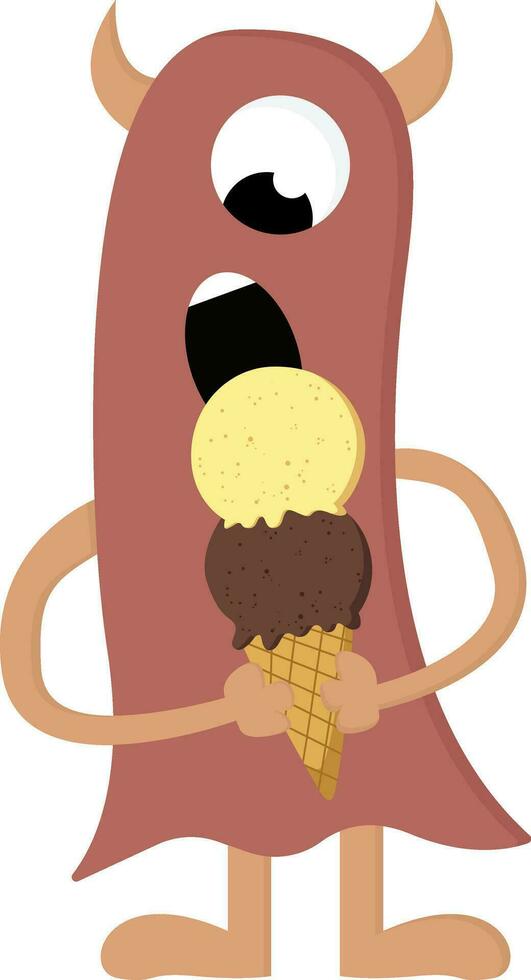 Tall brown monster eating cone ice cream vector illustration on white background