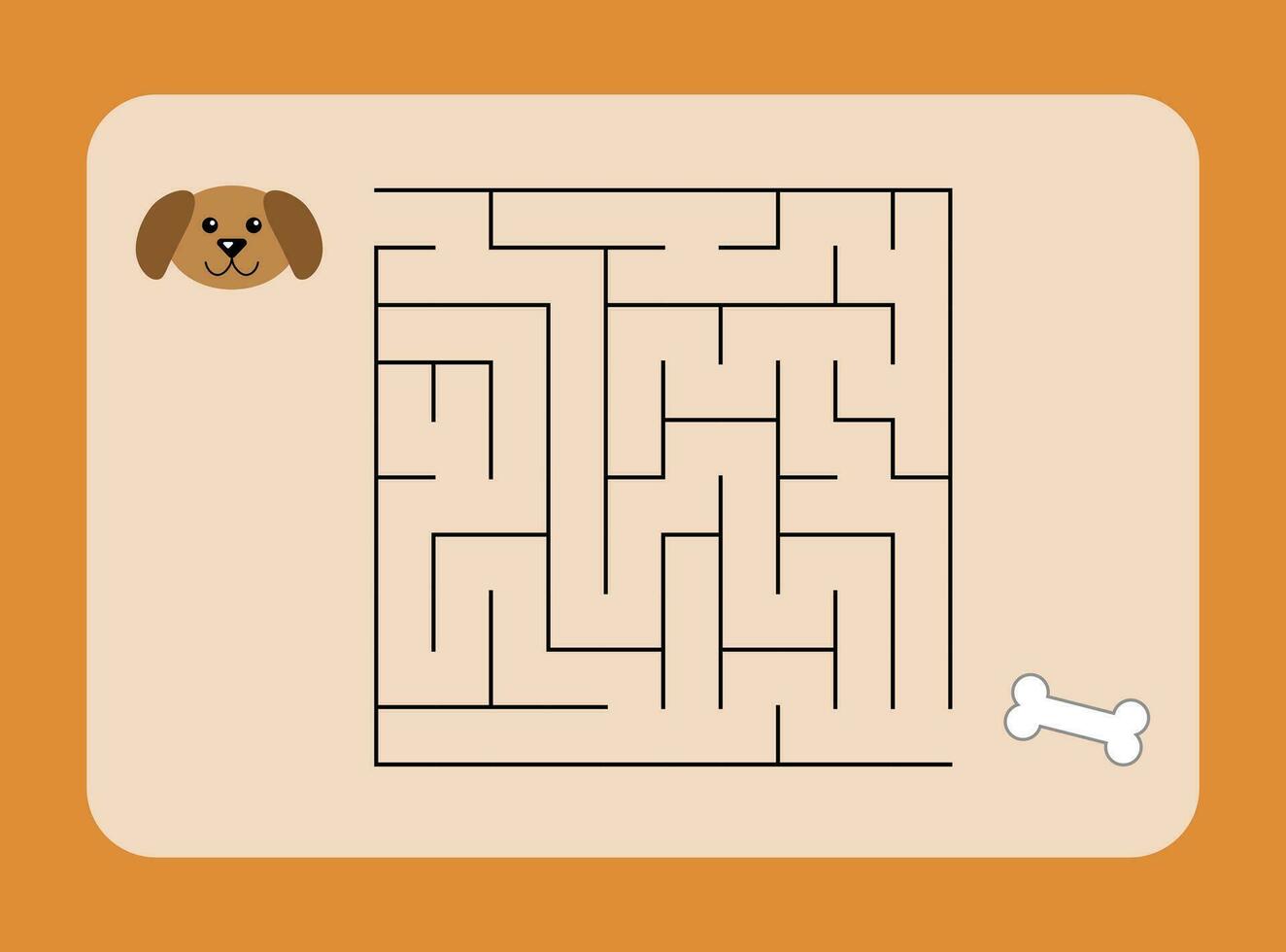 Maze game, worksheet for kids, dog and bone on an orange background, vector. vector