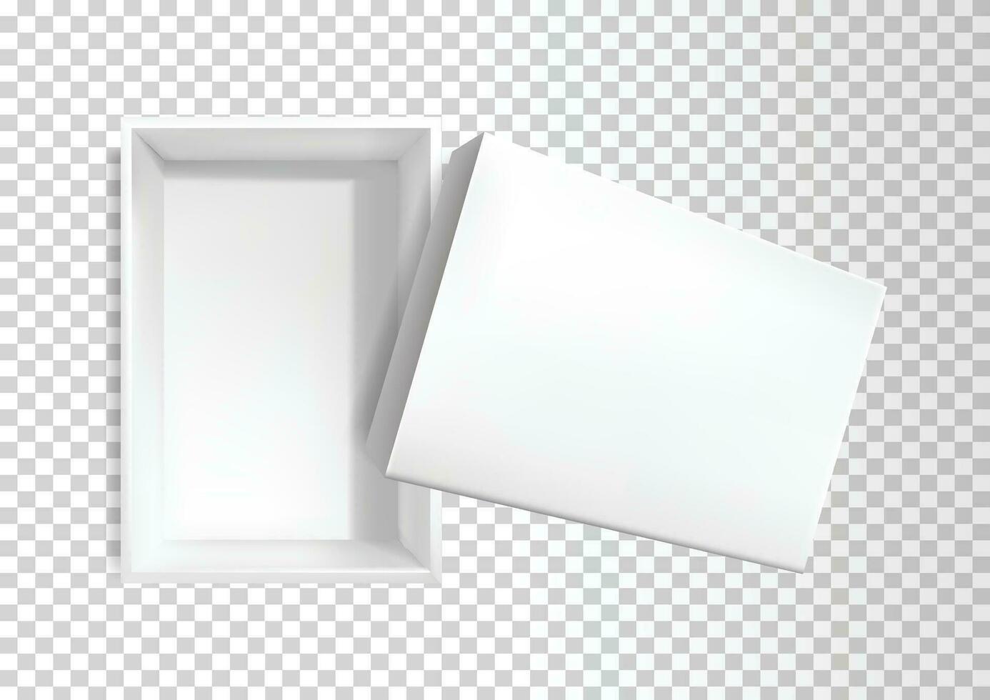 Opened, blank white, square, empty cardboard pizza box or shoebox with lid, top view 3d realistic template isolated on background. vector