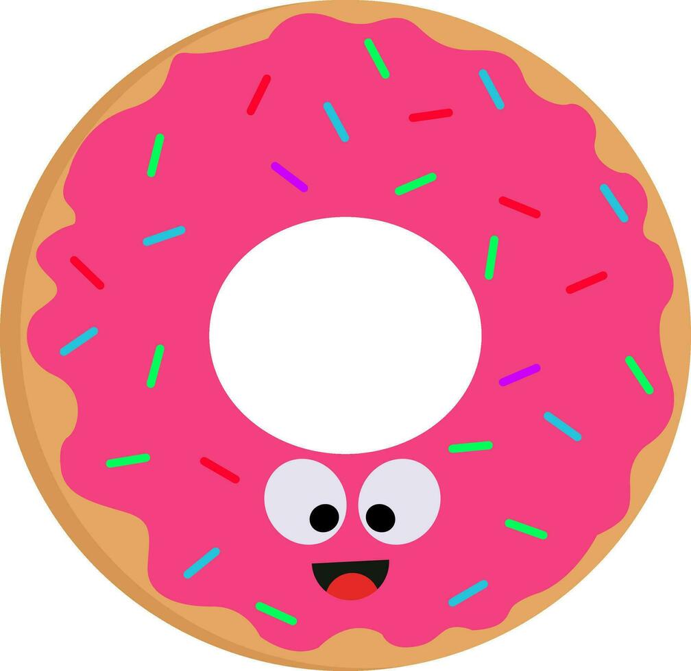 Vector illustration of a smiling pink donut with colorful sprinkles on white background