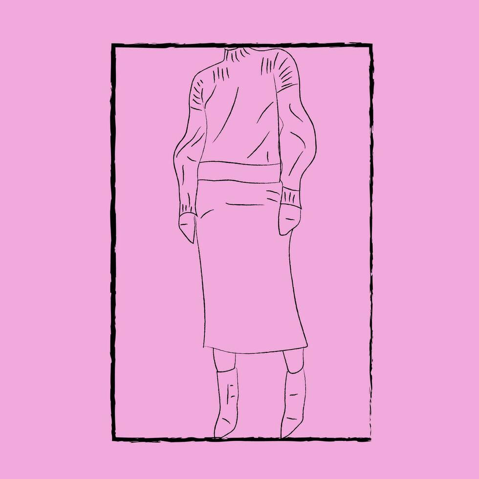 Line art of the body of a woman in winter clothes over pink background vector or color illustration