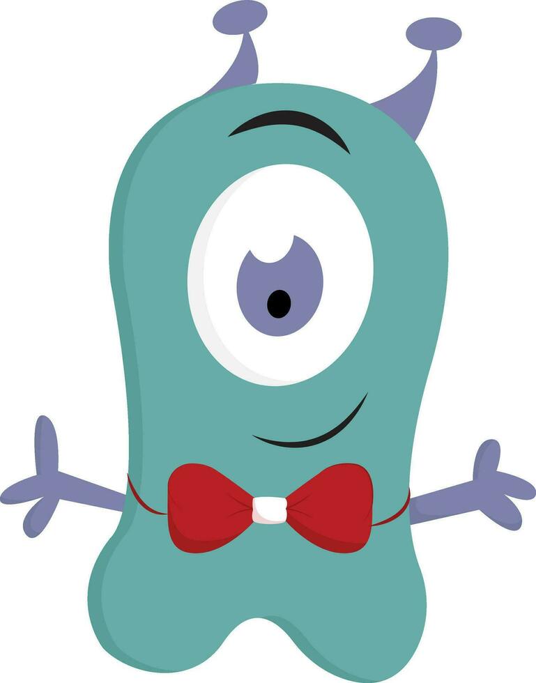 Vector illustration on white background of a turquoise one-eyed monster smiling with a red bow tie