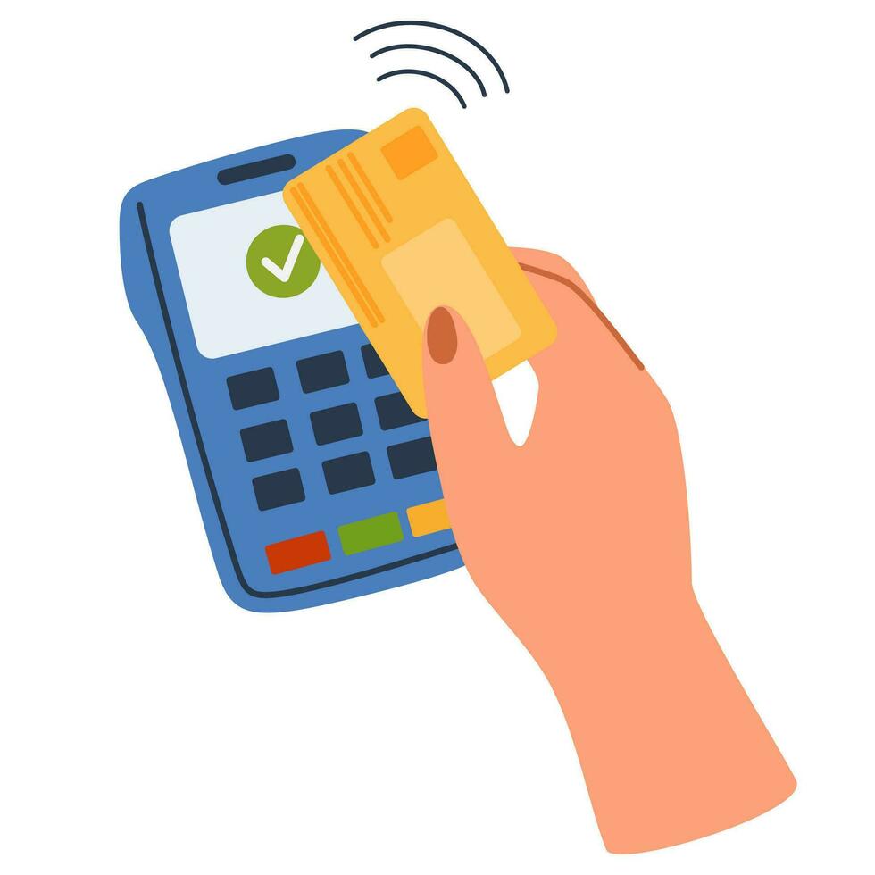 Person pays for a purchase by credit or debit card. Buyer paying on contactless terminal. Digital transaction and wireless transfer concept. Vector illustration with hand and money bills.