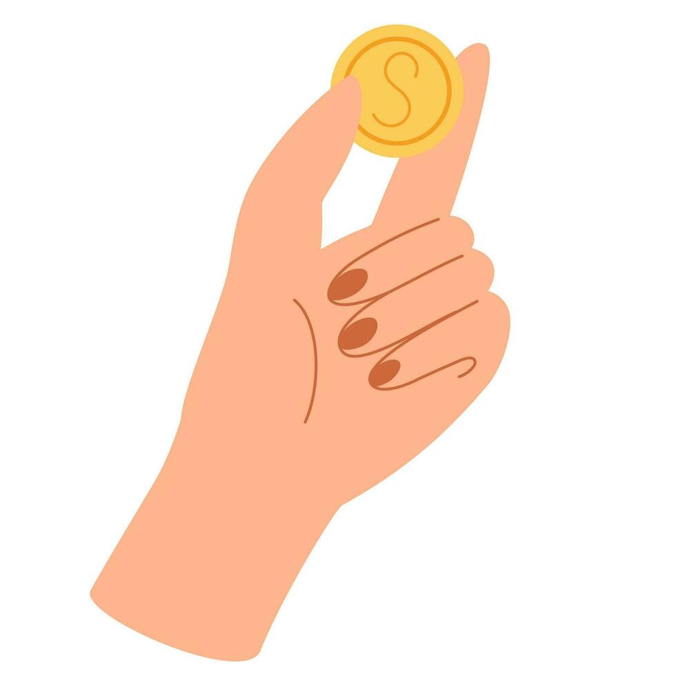 Hand holds a coin. Concept of financial operation with money bills and banknotes. Vector illustration with hand and money bills.