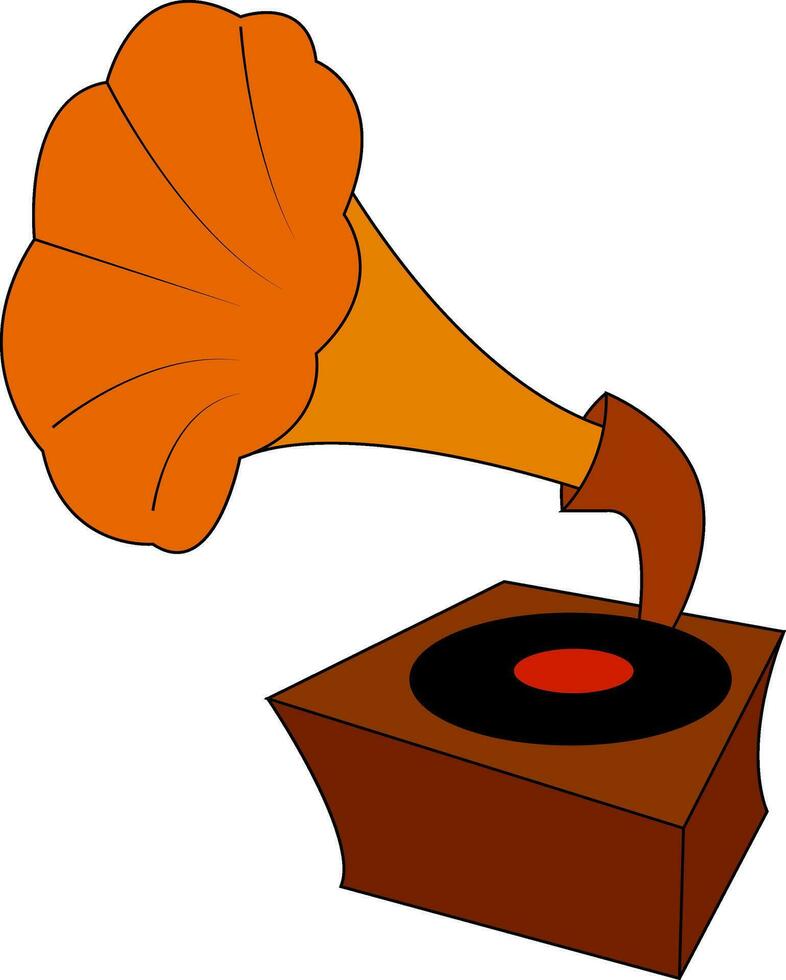 Vintage brown and orange gramophone with black vinyl record  vector illustration on white background