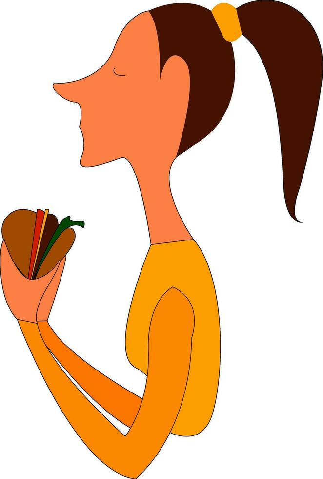 Portrait of a girl with ponytail holding a burger  vector illustration on white background