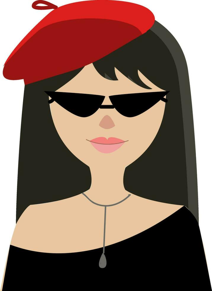 retrato de un niña en negro camisa con Gafas de sol rojo cesta y plata collar vector ilustración en blanco antecedentes