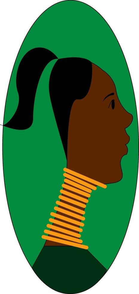 Profile of a girl wiith golden neck rings  vector illustration in green eclips on white background