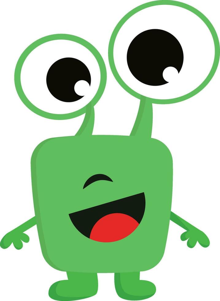 Smiling green monster with big eyes  vector illustration on white background