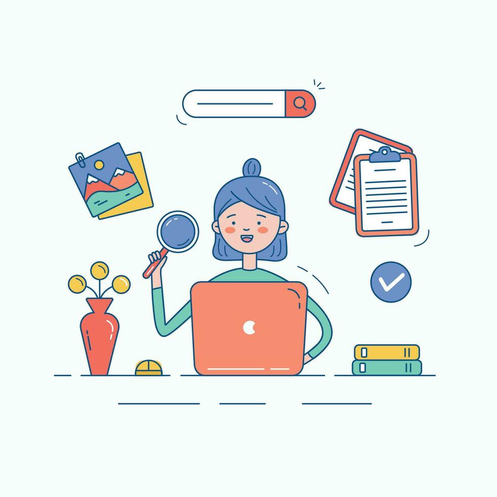 Customer service girl workspace flat outline illustration vector