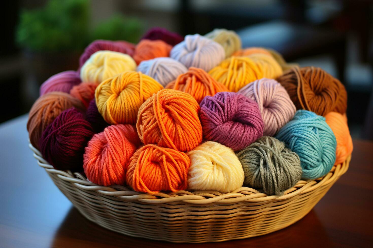 AI generated A basket with balls of yarn for knitting on the table. Hobby. Generated by artificial intelligence photo