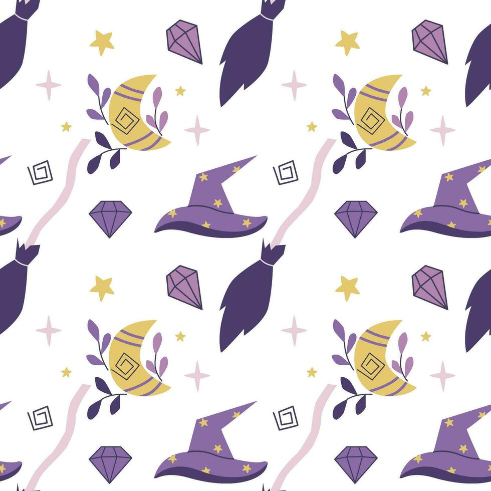 Witch hat and broom magic seamless pattern vector