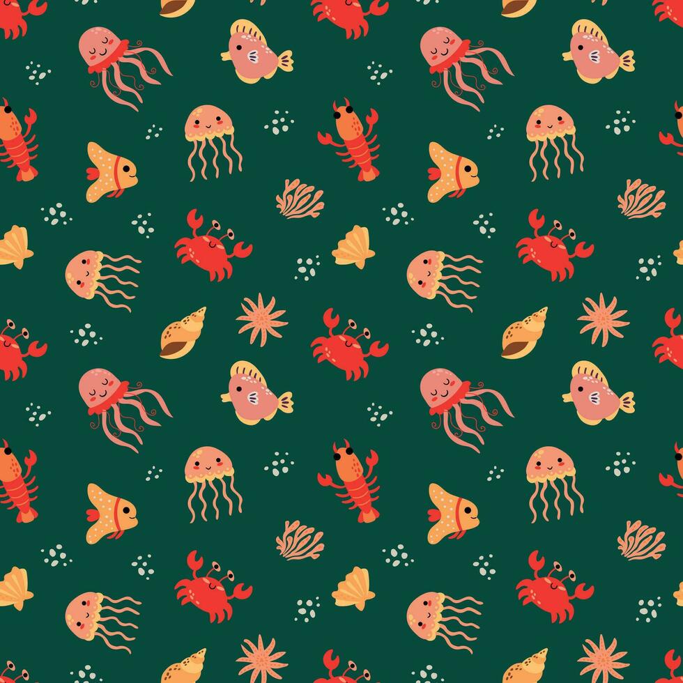 Seamless pattern with sea animals. Crabs, crayfish, jellyfish, fish. Infinite design for your design. vector