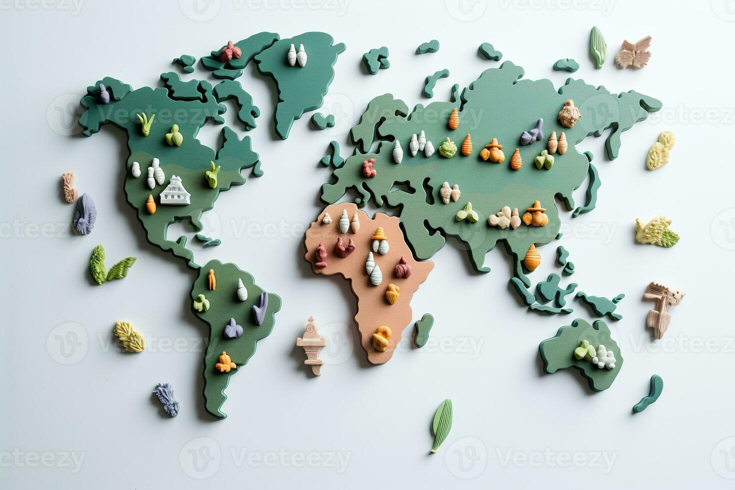 AI generated World map made of painted wood. Crafts, hobby. photo