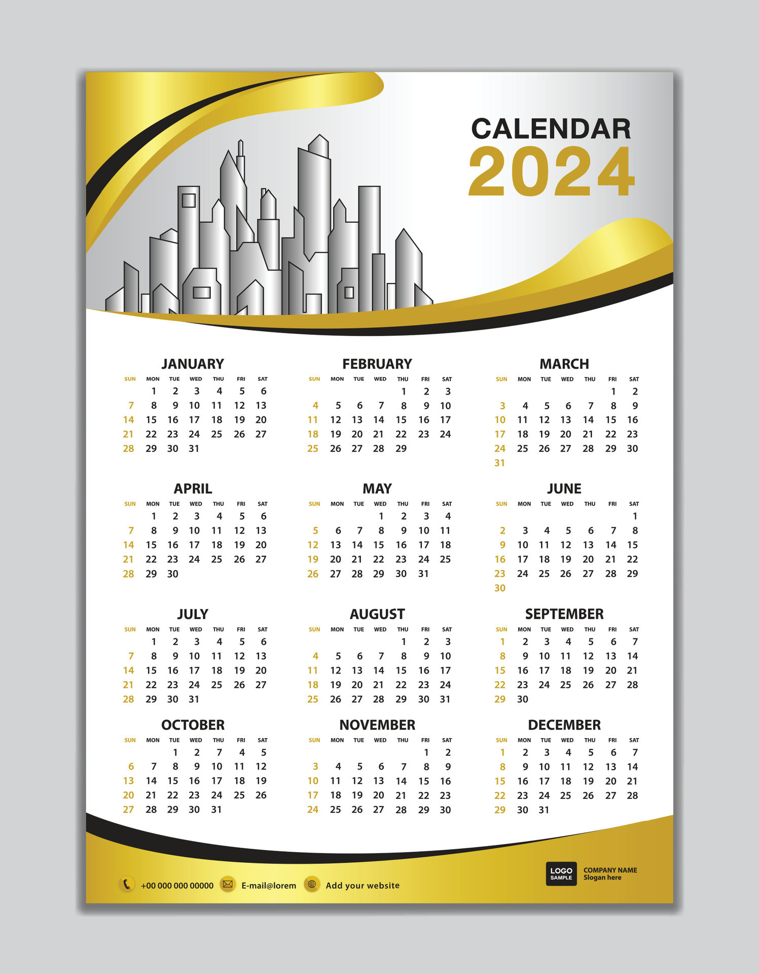 Wall calendar 2024 template calendar 2024 design gold wave background