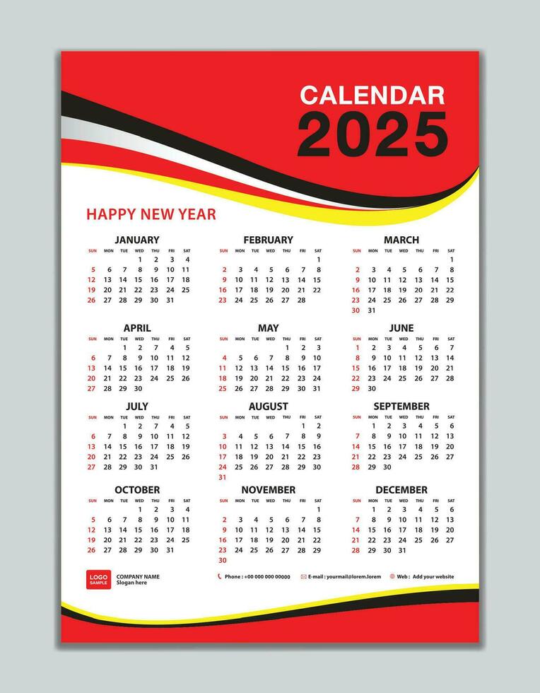 Wall calendar 2025 template, calendar 2025 design, red wave background, desk calendar 2025 design, Week start Sunday, flyer, Set of 12 Months, Week starts Sunday, organizer, planner, printing media vector