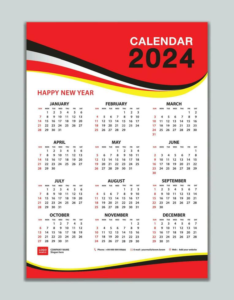 Wall calendar 2024 template, calendar 2024 design, red wave background, desk calendar 2024 design, Week start Sunday, flyer, Set of 12 Months, Week starts Sunday, organizer, planner, printing media vector