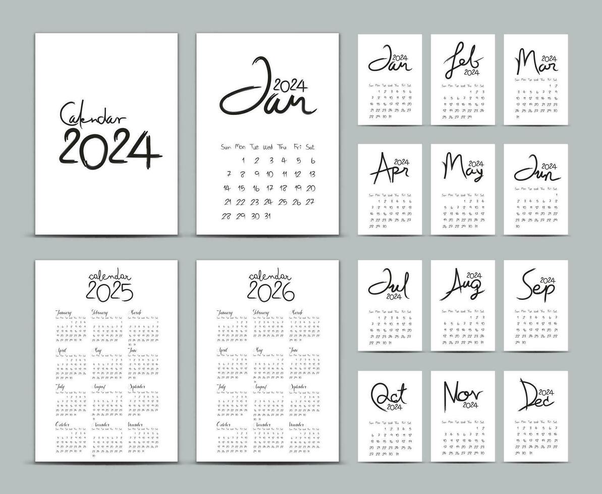 Desk calendar 2024 template set, Calendar 2025-2026, Lettering calendar, hand-drawn vector illustration, wall calendar 2024 year black and white, Set of 12 Months, Week starts Sunday, Stationery