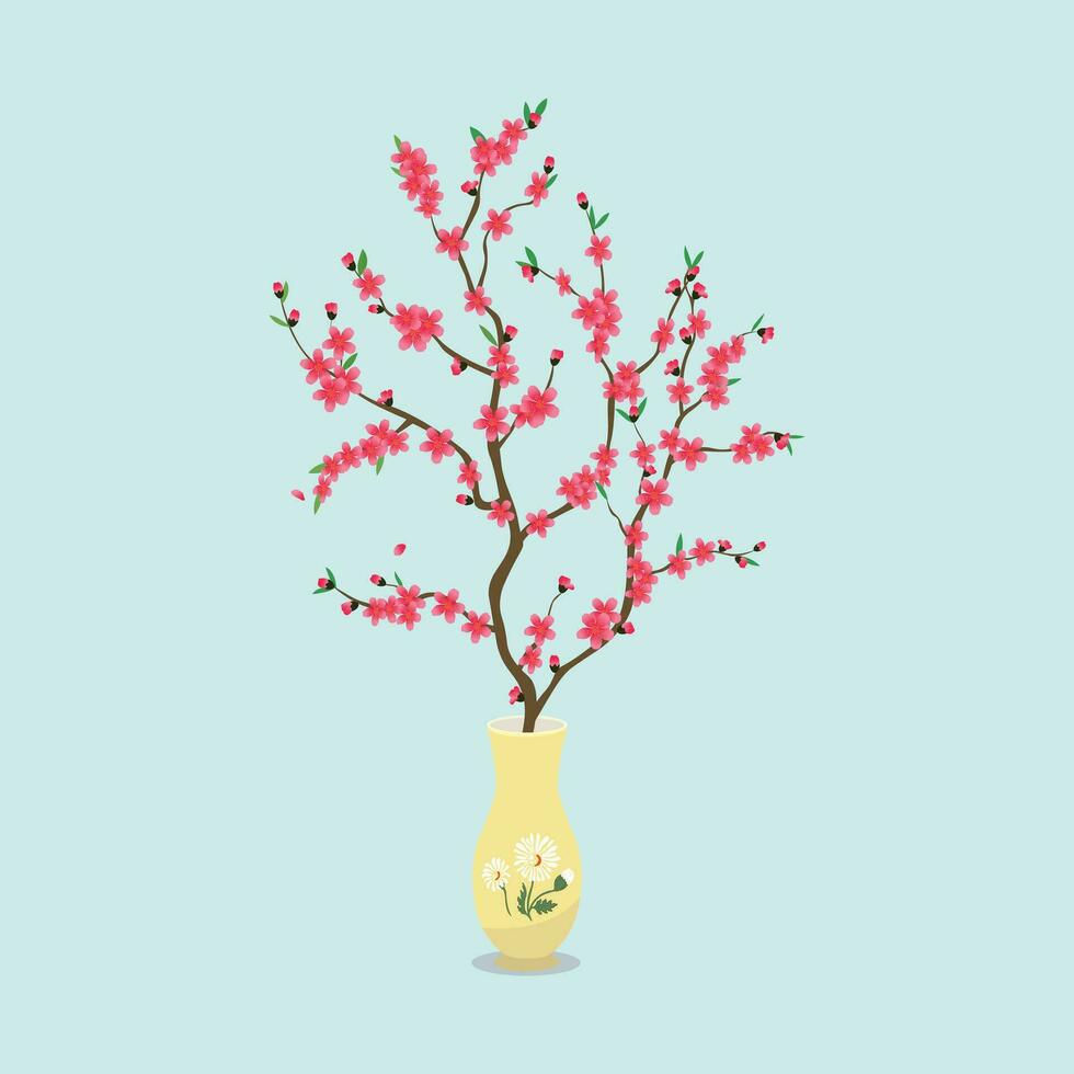 Peach blossom branch in a vase vector illustration in cartoon style. Element for Tet holidays concept. Vietnamese new year.