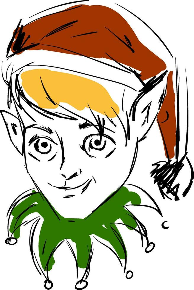 sencillo bosquejo de un duende con rojo gorra rubia pelo y verde collar vector ilustración en blanco antecedentes