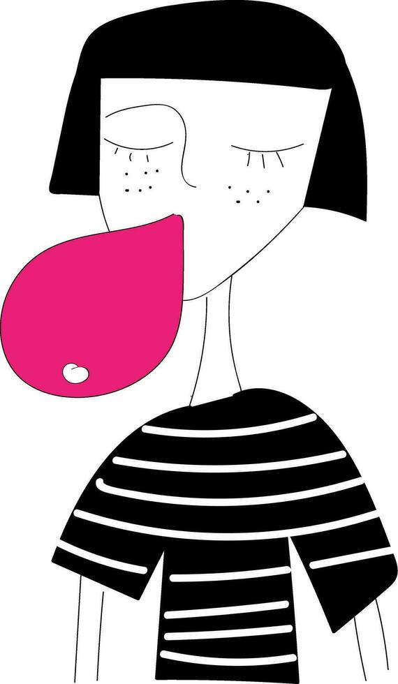 A girl chewing pink bubble gum looks cute vector or color illustration