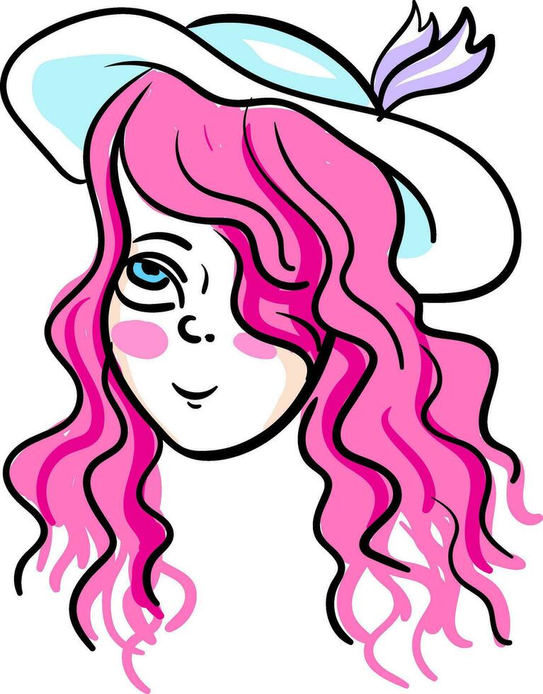 Girl with light pink hair and blue hat looks beautiful vector or color illustration