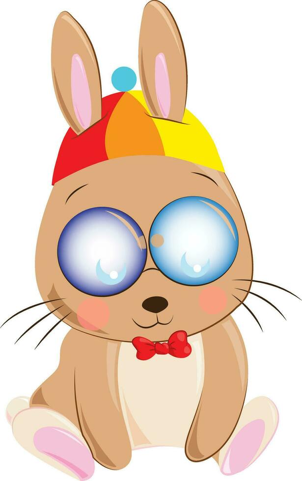 Cartoon of a sad brown rabbit with a colorful hat vector or color illustration