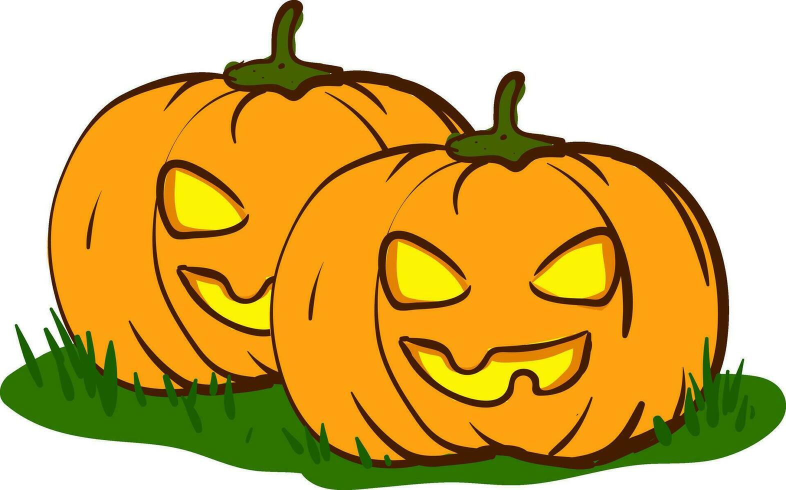 The scary yellow eyes twin pumpkins vector or color illustration