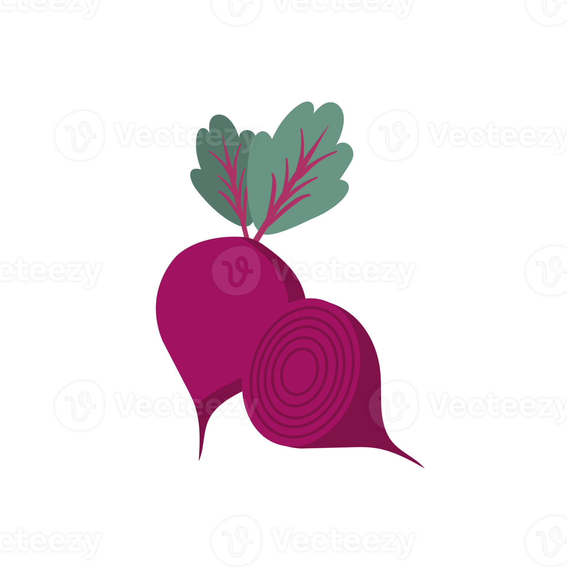 beet root, two full and half beet roots, red beet with green leaves