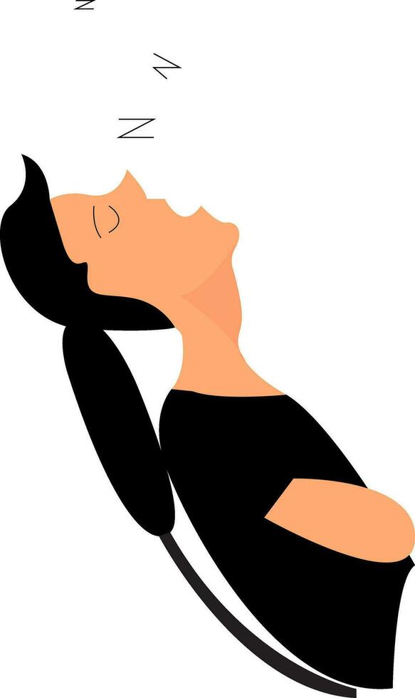 A young guy with his ponytailed hair sleeps as he sits in a chair vector color drawing or illustration