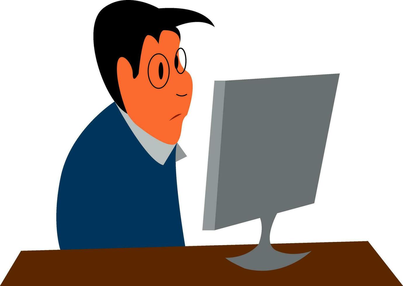 An office worker working in his office is seated in front of his desktop vector color drawing or illustration