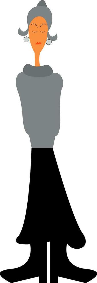 A tall and thin young lady wearing a grey sweater and a black skirt standing with her long boots vector color drawing or illustration