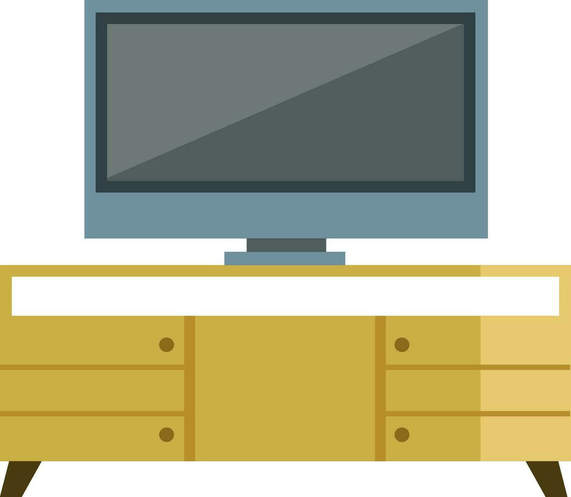 A TV has been placed on a wooden cabinet with drawers vector color drawing or illustration