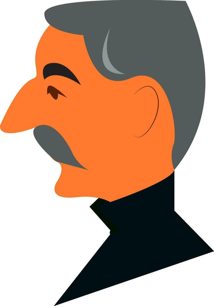 Side view of a man's face with grey mustache and hair wearing a black t-shirt vector color drawing or illustration