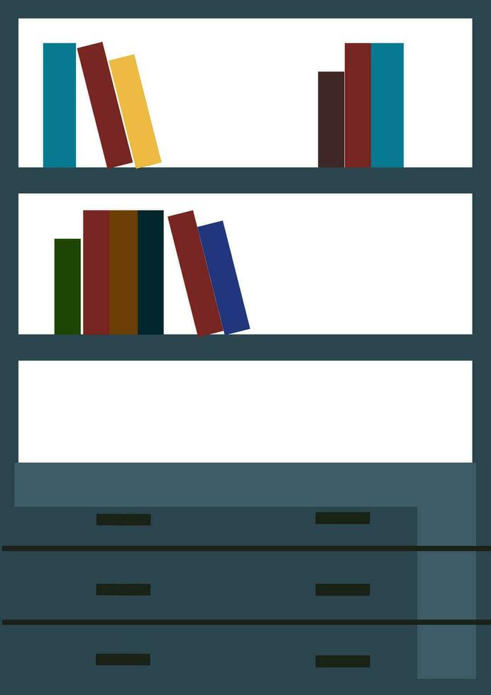 A modern book shelf in blue color stacked with books and the last row with storage space vector color drawing or illustration