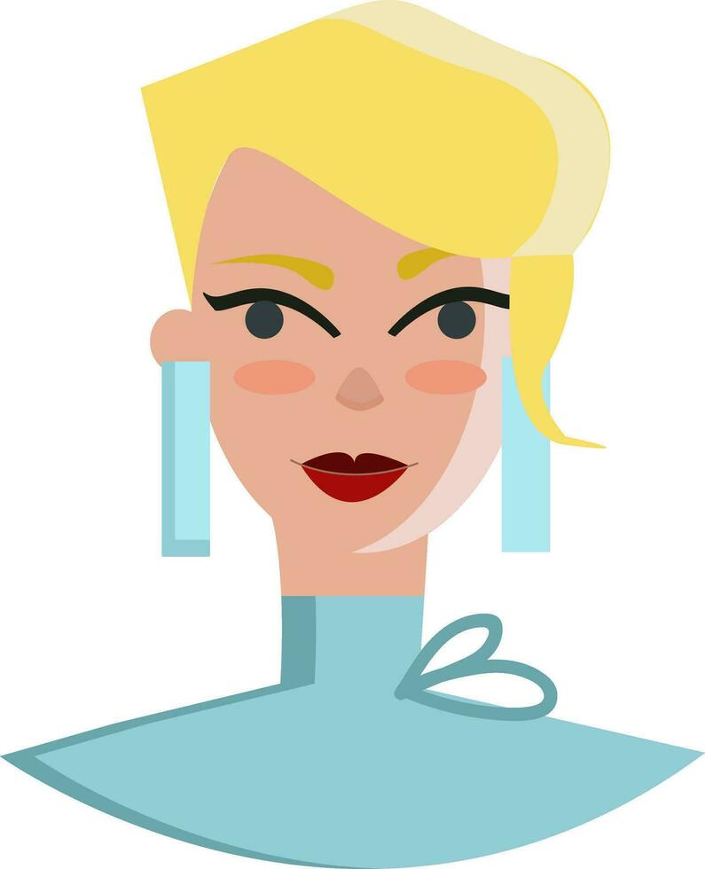 A young lady with stylish hairstyle is wearing a marvelous blue dress vector color drawing or illustration