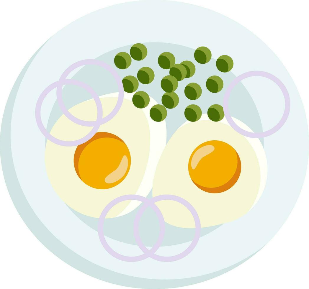 A breakfast platter with two sunny side ups and green peas served with onion rings vector color drawing or illustration