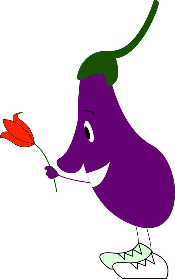 An eggplant emoji holding a red flower in hand vector color drawing or illustration