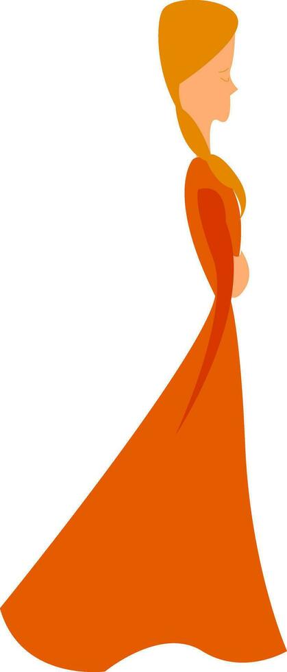 A girl in graceful vintage style long orange gown dress vector color drawing or illustration