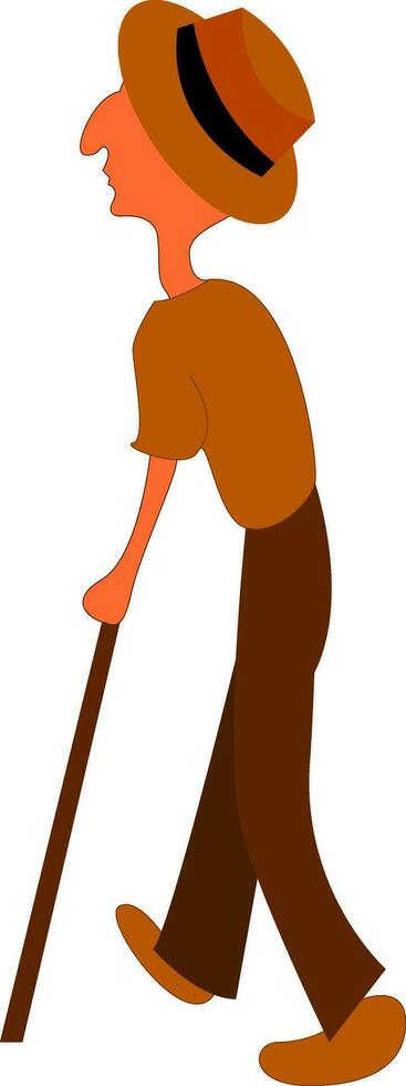An old man with a hat walks with the help of his walking stick vector color drawing or illustration